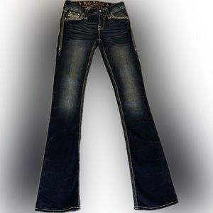 Rock Revival jeans sz 24 dark wash, mid rise, boot cut. Love these just to long